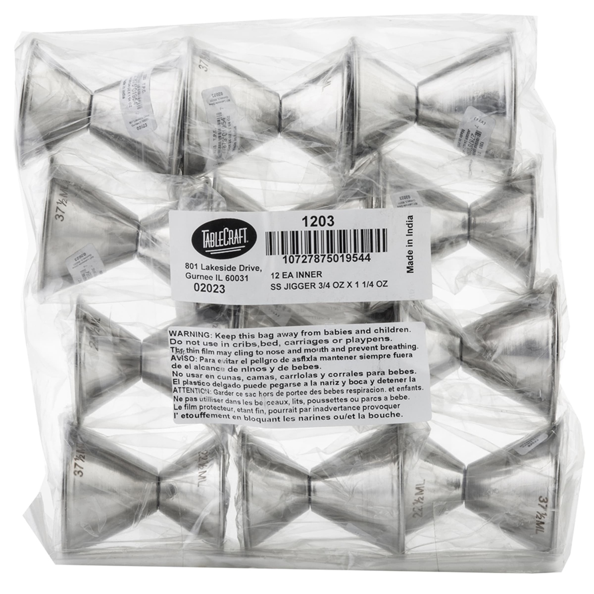 Bulk pack of 12 Tablecraft 1203 stainless steel jiggers in sealed poly bag with product label