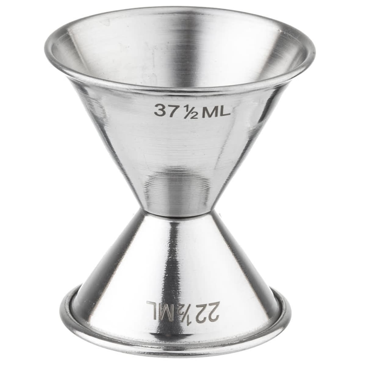 Tablecraft 1203 stainless steel double jigger showing stamped 37.5 mL and 22.5 mL capacity markings