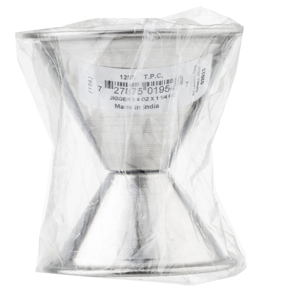Single Tablecraft 1203 jigger in individual poly bag packaging showing product label and barcode