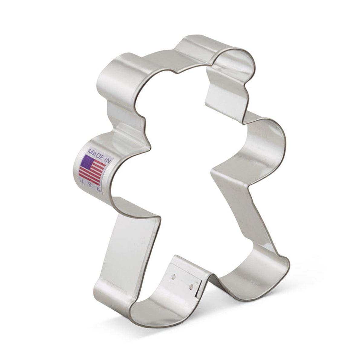 Ann Clark 1203A teddy bear cookie cutter in tin metal, shown at an angle with Made in USA label