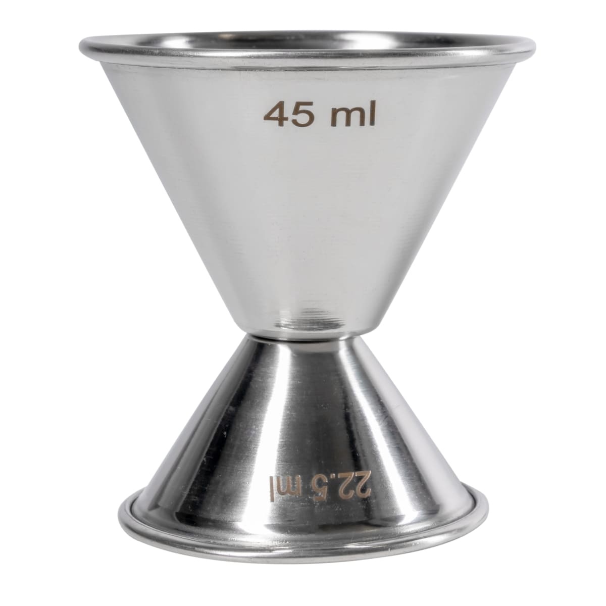 Tablecraft 1204 double jigger showing 45 ml capacity stamping on the larger side