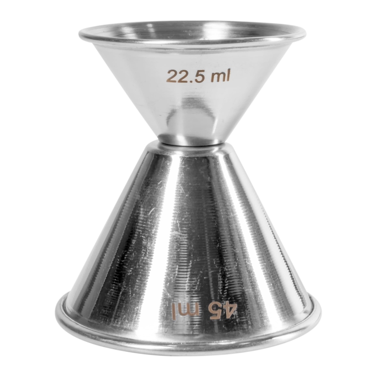Tablecraft 1204 double jigger oriented to show 22.5 ml side facing up with 45 ml stamping visible on base