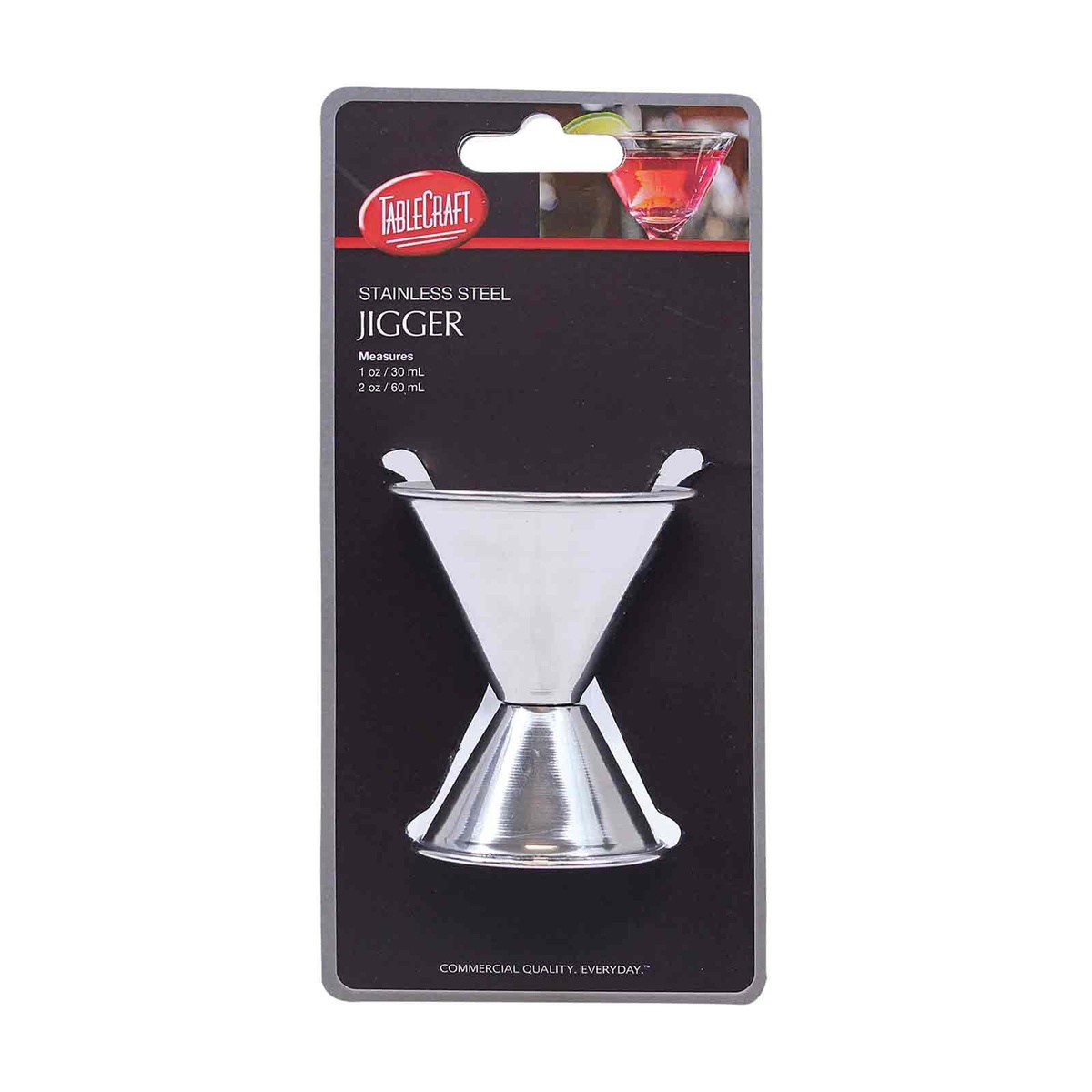 TableCraft H1206 stainless steel jigger in retail hang-sell packaging