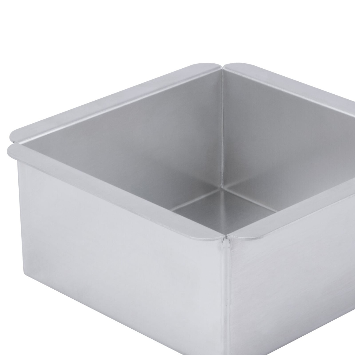 Close-up of Ateco 12066 aluminum square cake pan showing straight sidewalls and folded top edge detail