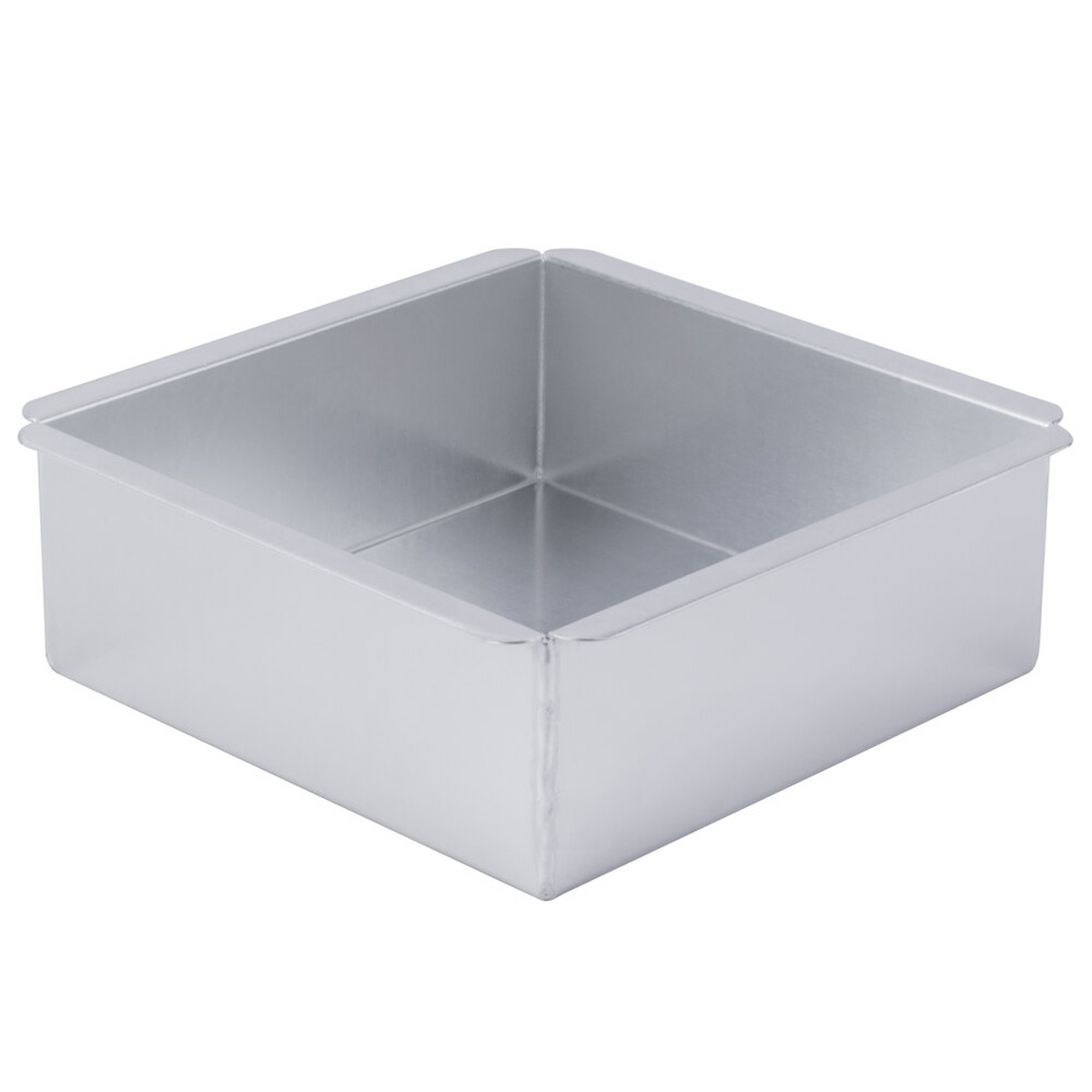 Ateco 12088 aluminum square straight-sided cake pan, angled top view showing crisp corners and deep walls