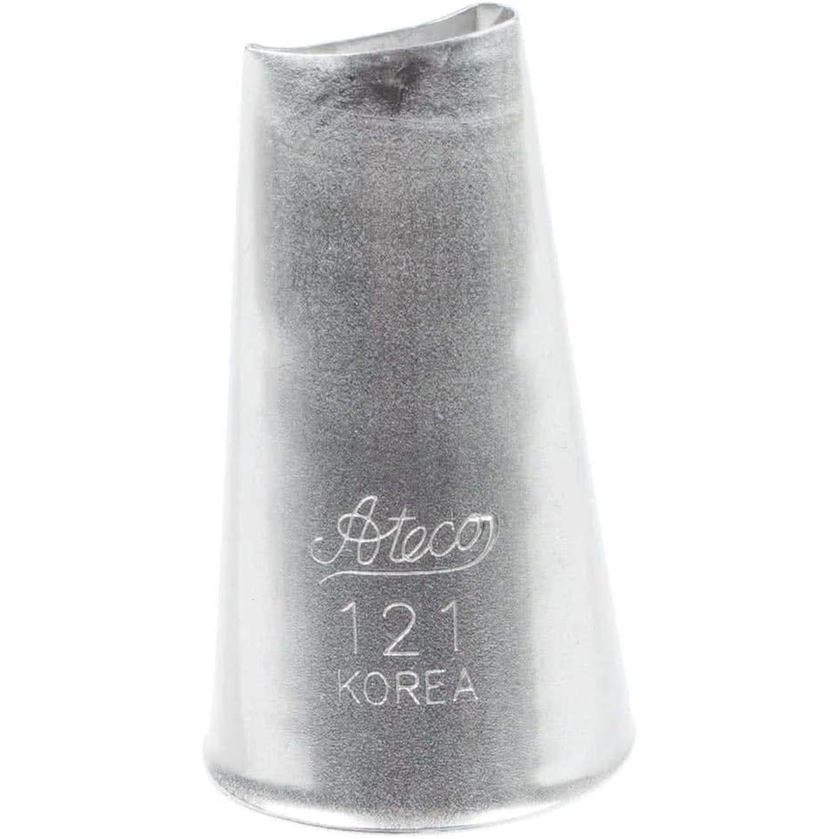 Ateco 121 curved petal piping tip front view showing brand name and model number engraved on stainless steel body