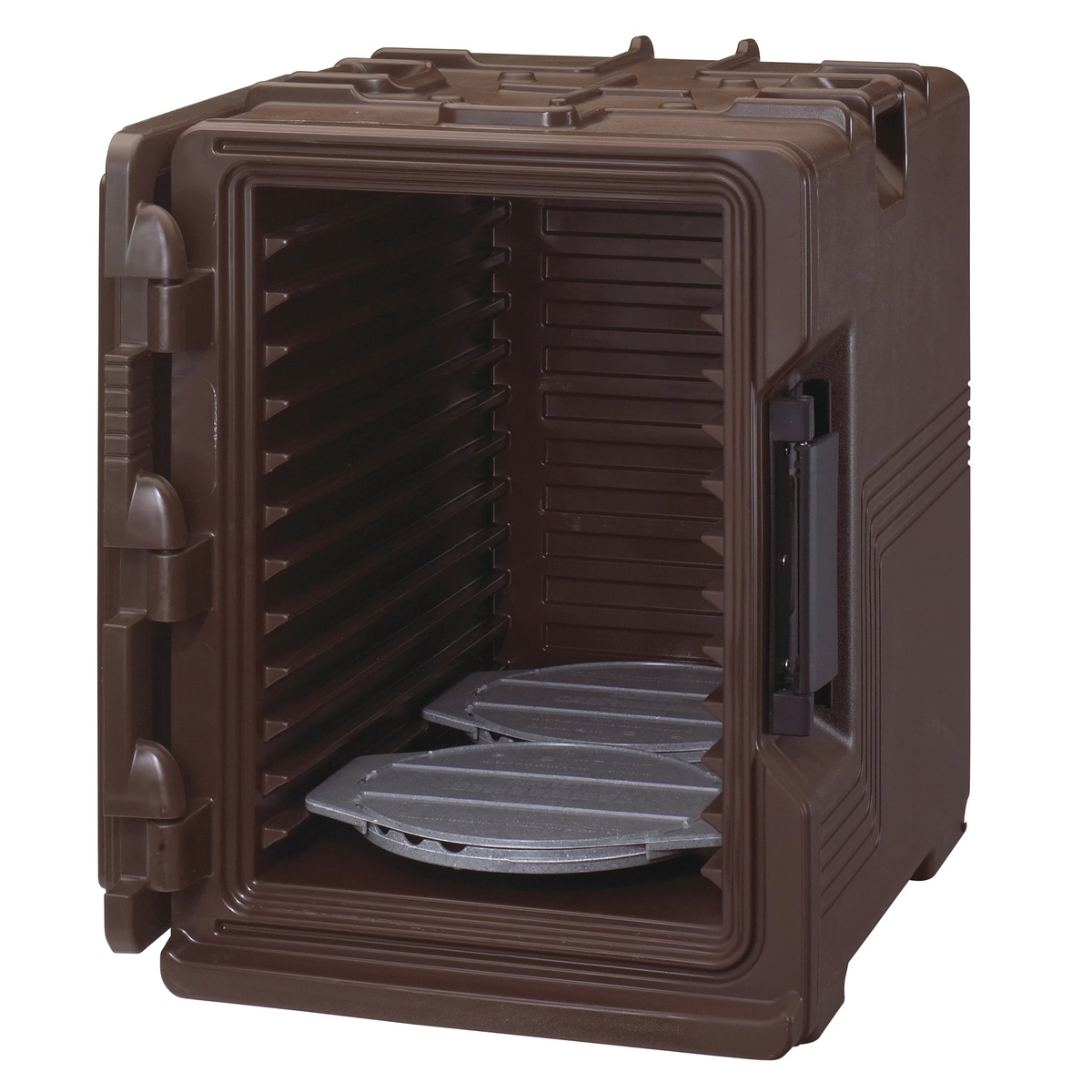 Two Camwarmer pellets placed on the bottom rails inside a Cambro insulated food carrier