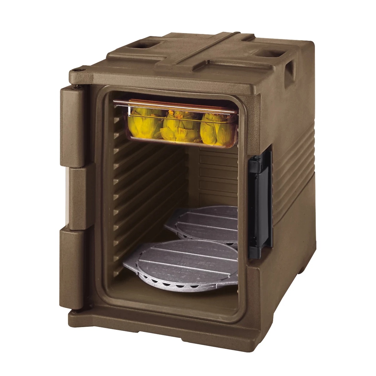 Cambro insulated carrier holding a food pan with Camwarmers inside
