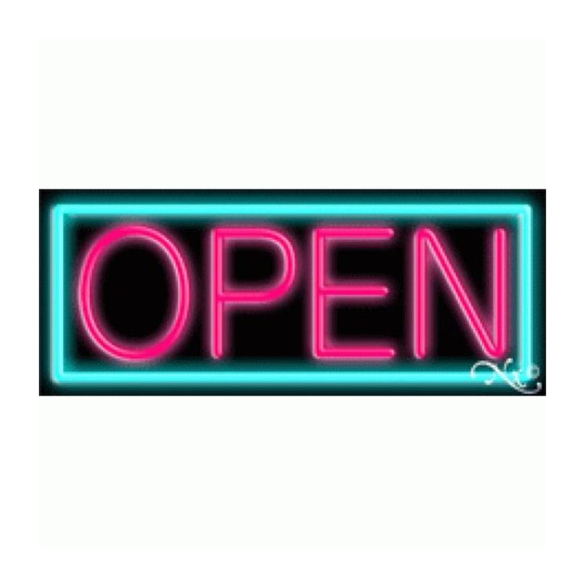 Neon OPEN sign with pink lettering and aqua rectangular border on black backing
