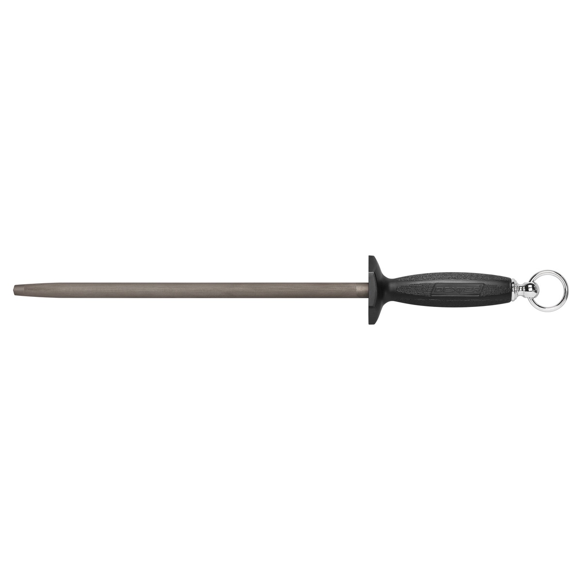 Dexter Russell 1212B 12-inch butcher honing steel with black polypropylene handle, finger guard, and hanging ring
