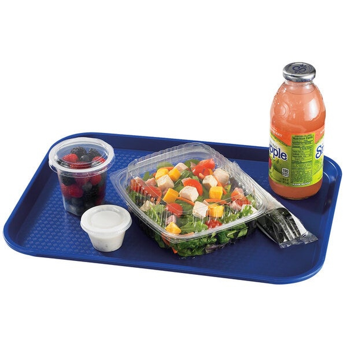 Cambro navy blue fast food tray holding salad, fruit cup, dressing, and a beverage bottle