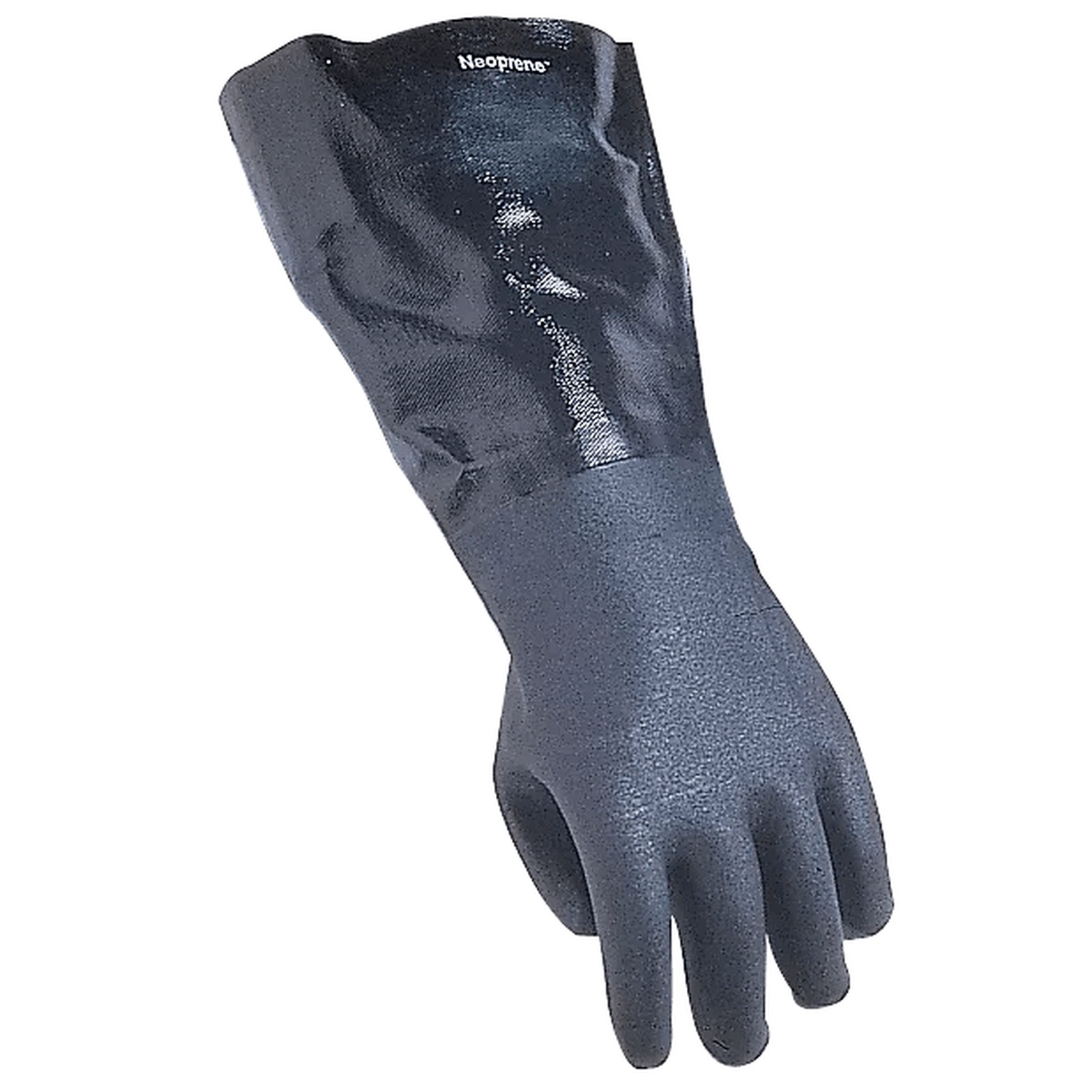 Single San Jamar 1217EL black neoprene dishwashing glove showing textured grip surface detail