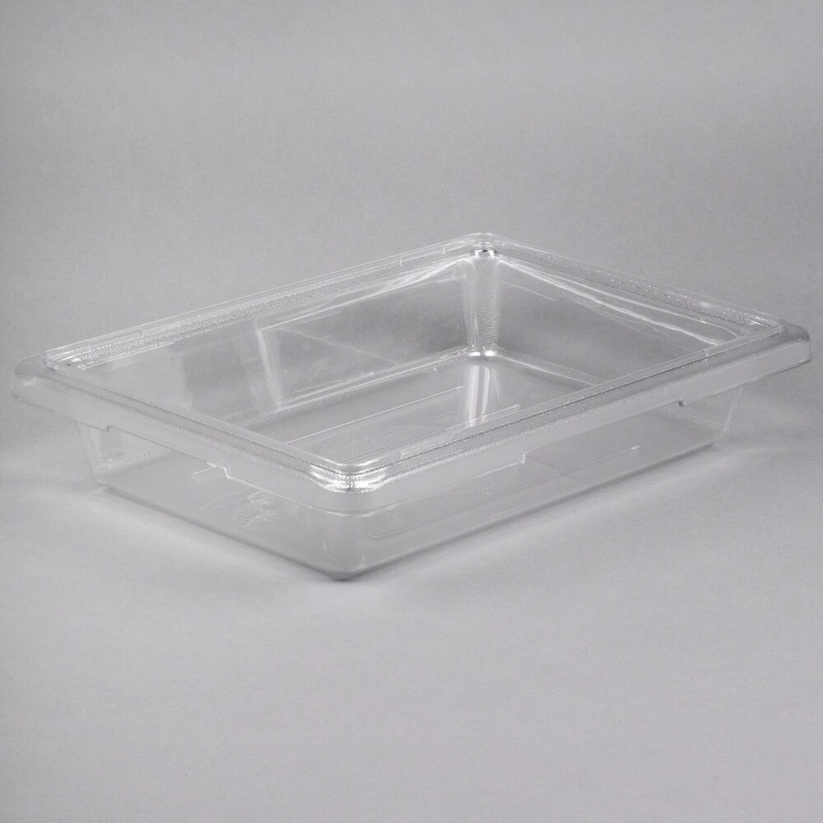 Cambro 12183CW135 clear polycarbonate food storage box, angled view showing molded handles and textured bottom