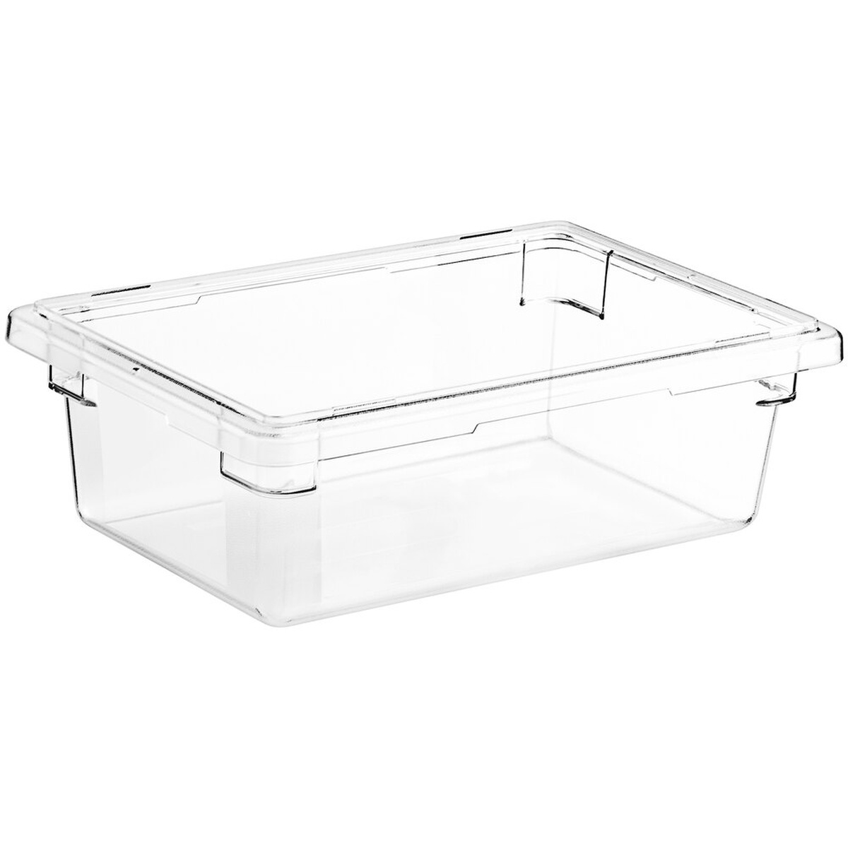 Cambro 12186CW135 clear polycarbonate food storage box with molded-in handles, angled view on white background