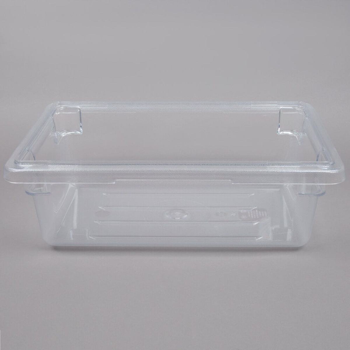 Cambro 12186CW135 clear polycarbonate food storage box, front view on gray background showing smooth sides and textured base
