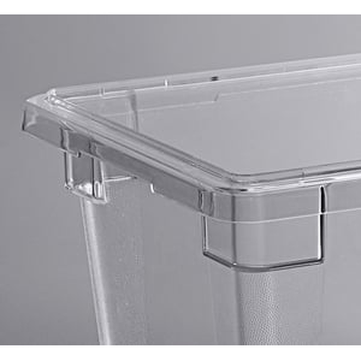 Close-up of molded-in handles and lid connection on Cambro clear food storage box