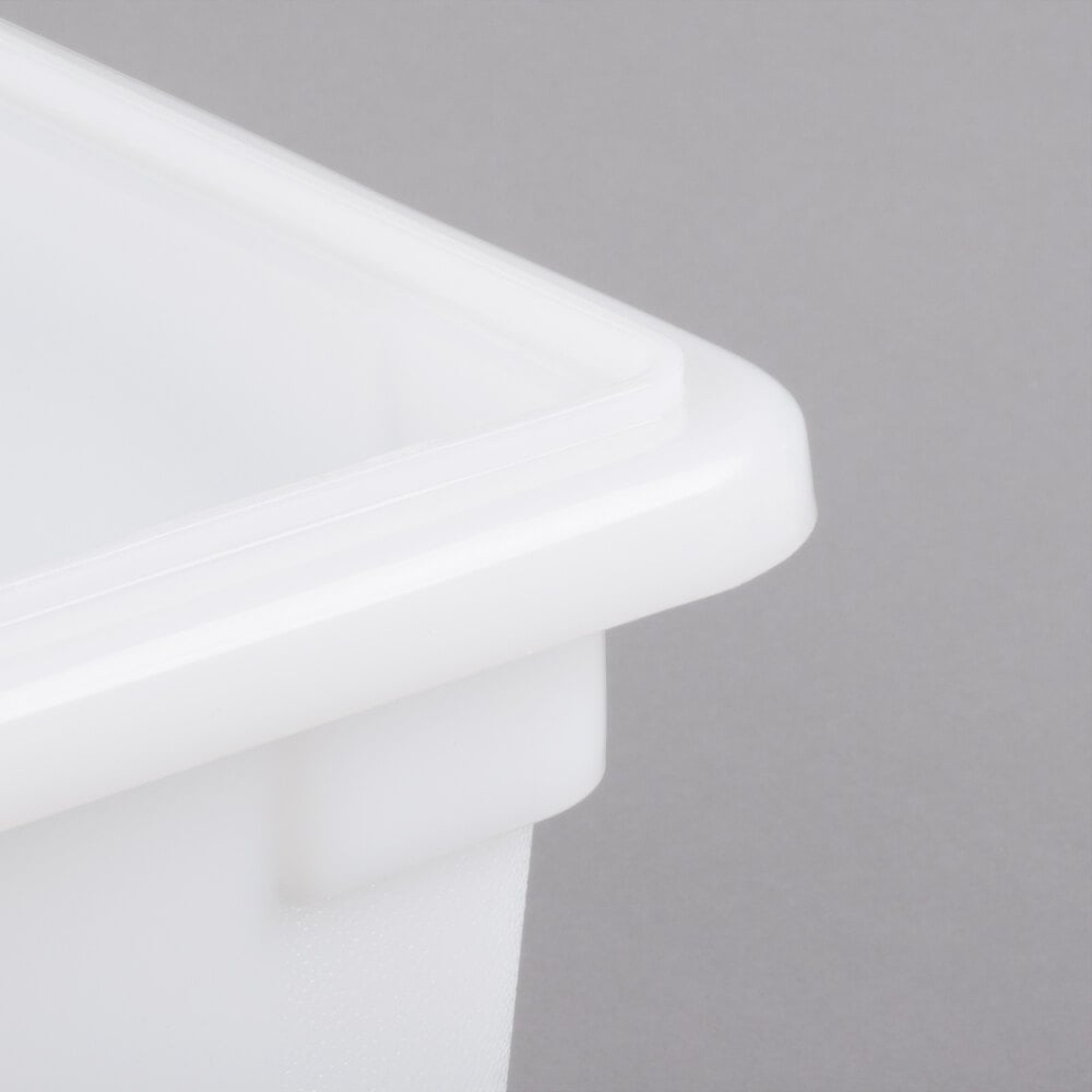 Close-up of the reinforced rim and corner detail of the Cambro white food storage box