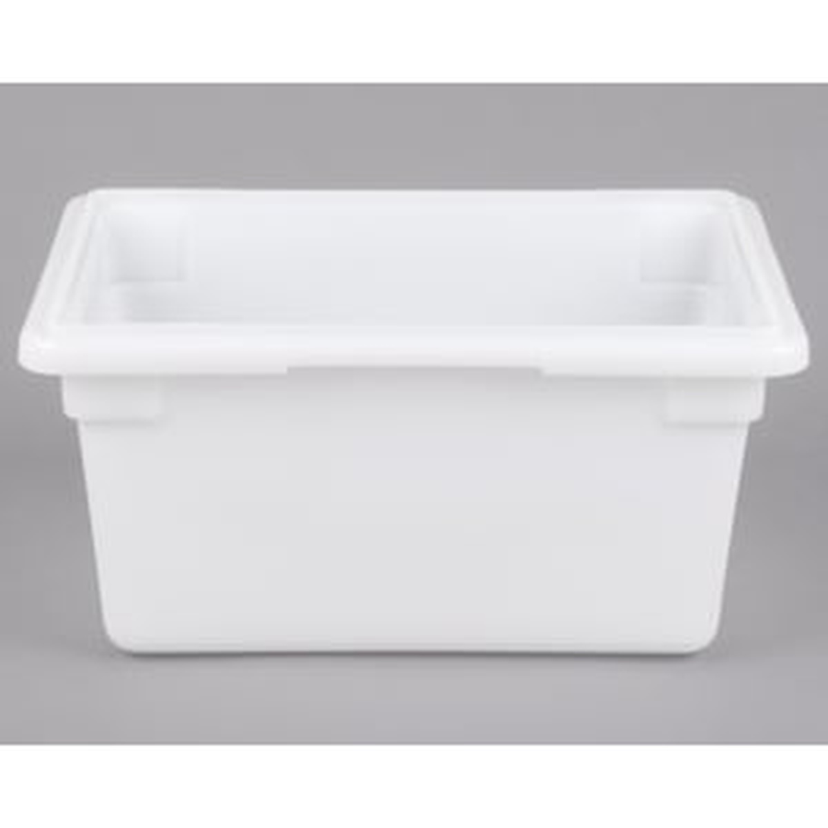 Front view of Cambro white poly food storage box showing molded-in side handles