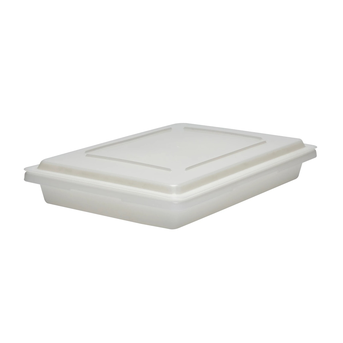 Cambro white poly flat lid placed on shallow white food storage box