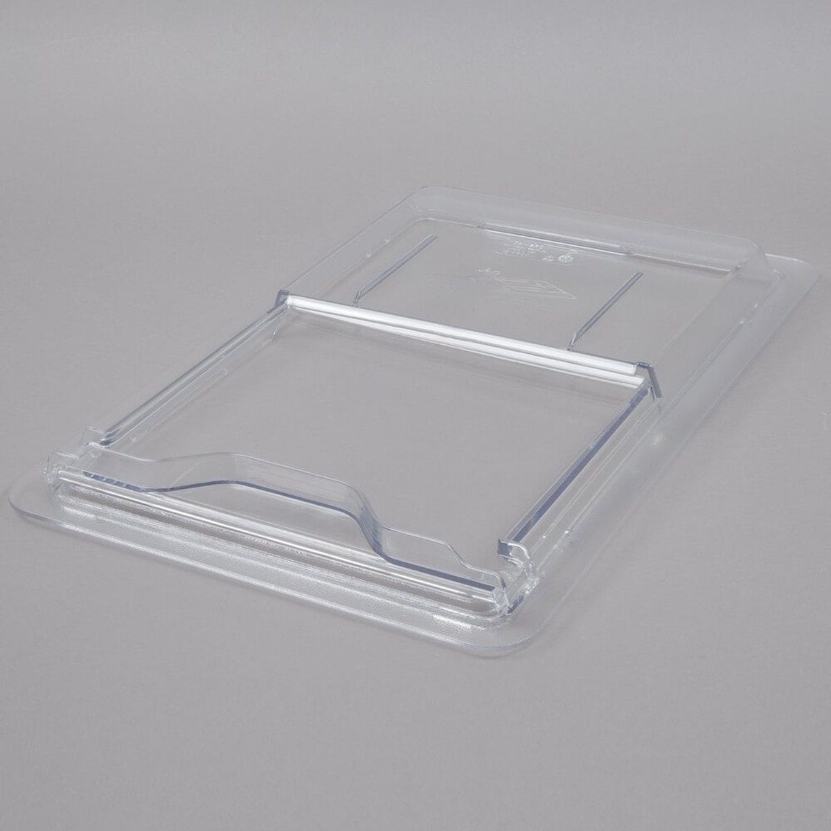 Cambro 1218SCCW135 clear polycarbonate sliding lid shown at an angle, displaying the sliding panel and handle detail