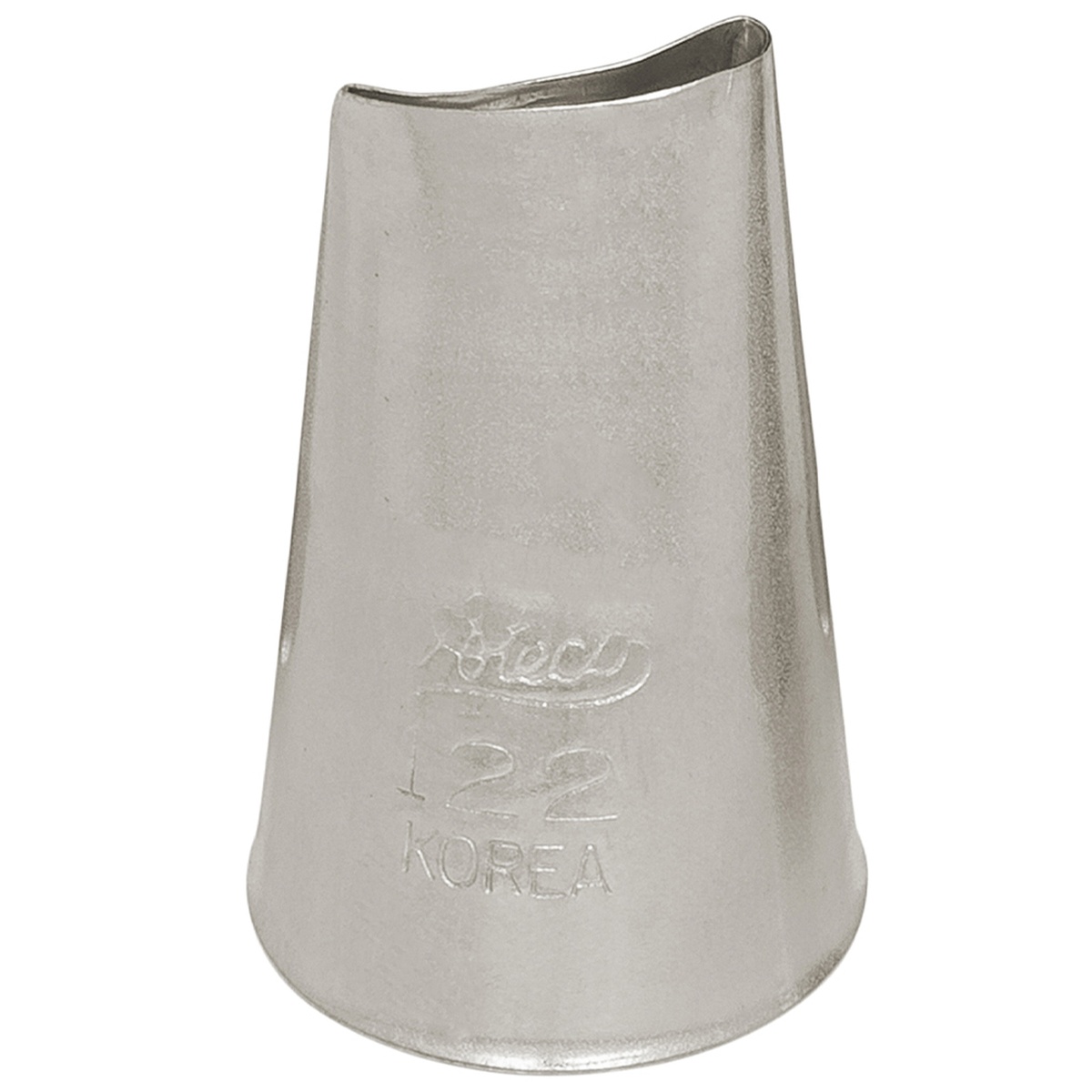Ateco 122 Large Rose stainless steel curved petal piping tip, showing the curved U-shaped opening and Ateco brand stamp