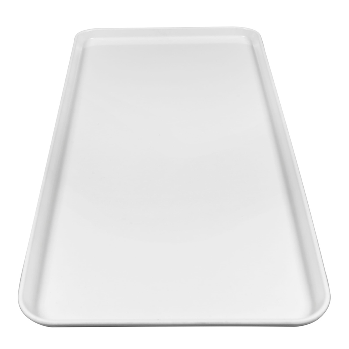 Cambro white rectangular fiberglass market display tray, front perspective view showing flat surface and raised rim