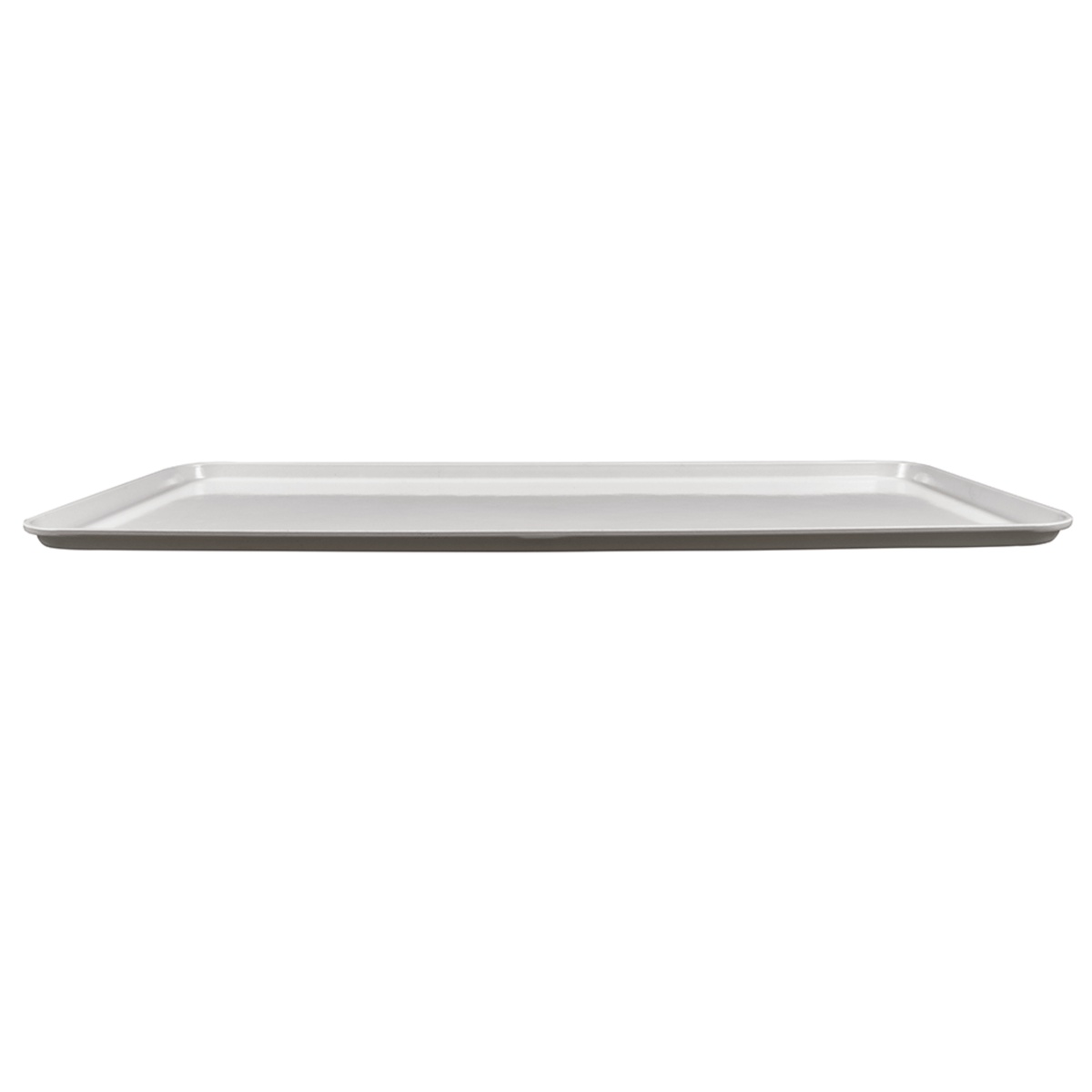 Cambro white rectangular fiberglass market display tray, side profile view showing slim 3/4-inch height