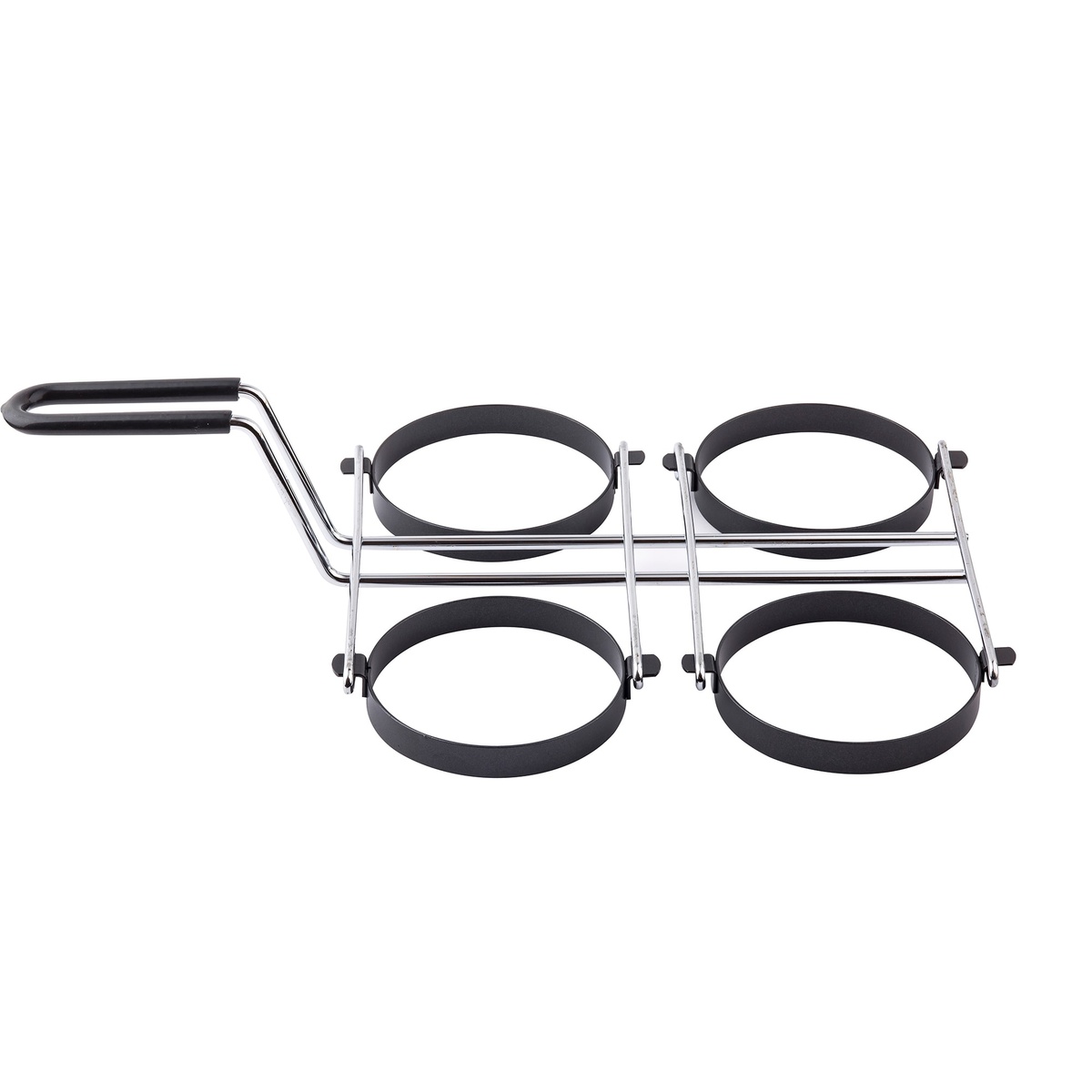TableCraft 1240 4-egg ring front view showing four black non-stick rings in 2x2 grid with chrome wire frame and black handle