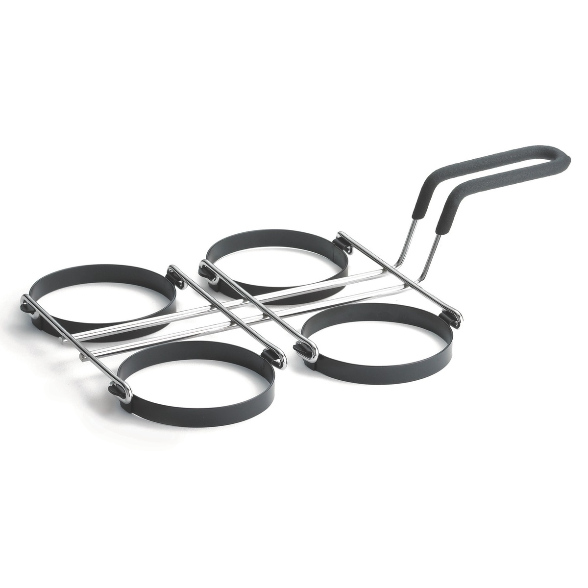 TableCraft 1240 4-egg ring angled view showing four non-stick rings on chrome frame with black cool-touch handle