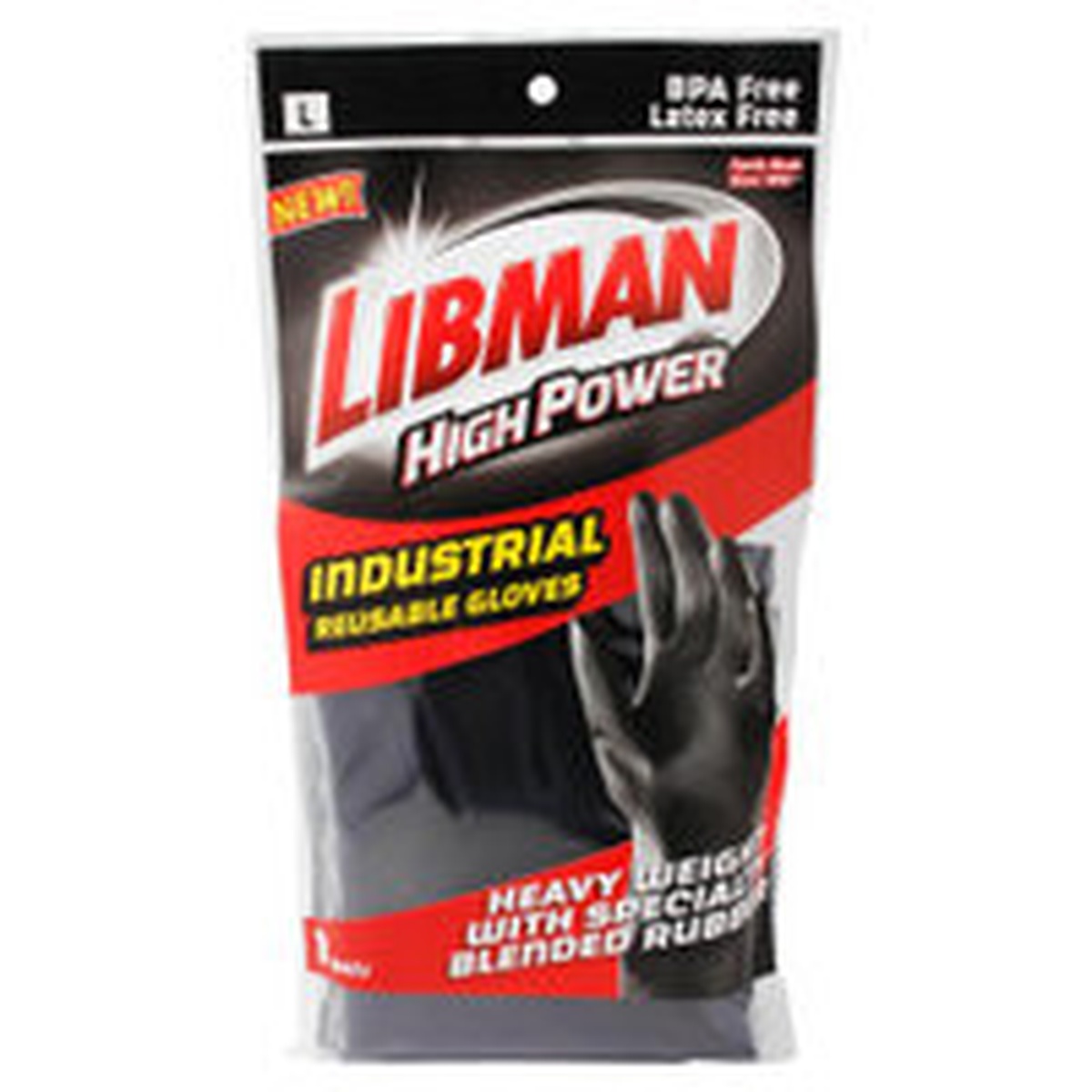 Libman High Power Industrial Reusable Gloves product packaging showing BPA-free and latex-free callouts