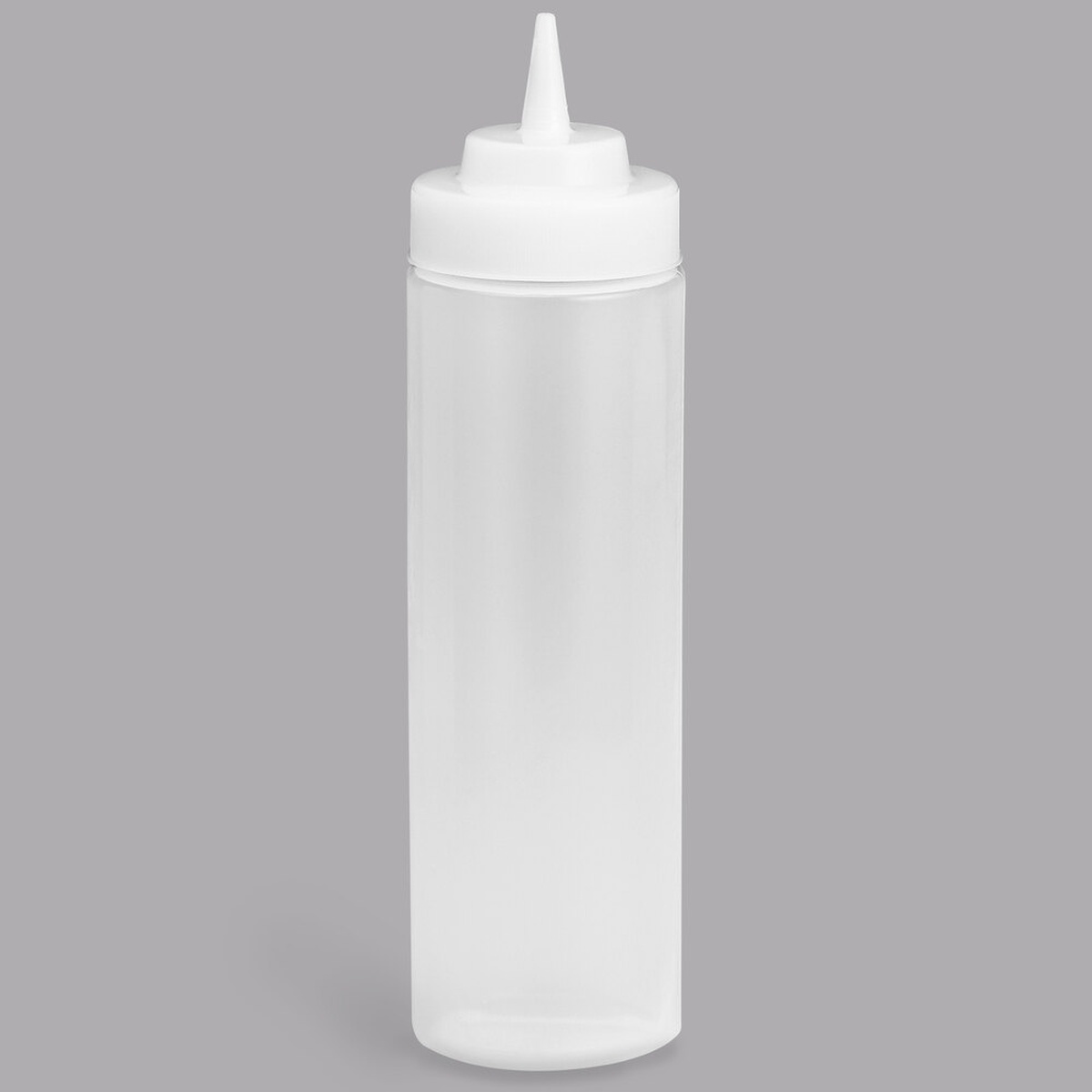 TableCraft 12463C 24 oz clear polyethylene squeeze bottle with white natural cone tip and 63mm wide mouth opening