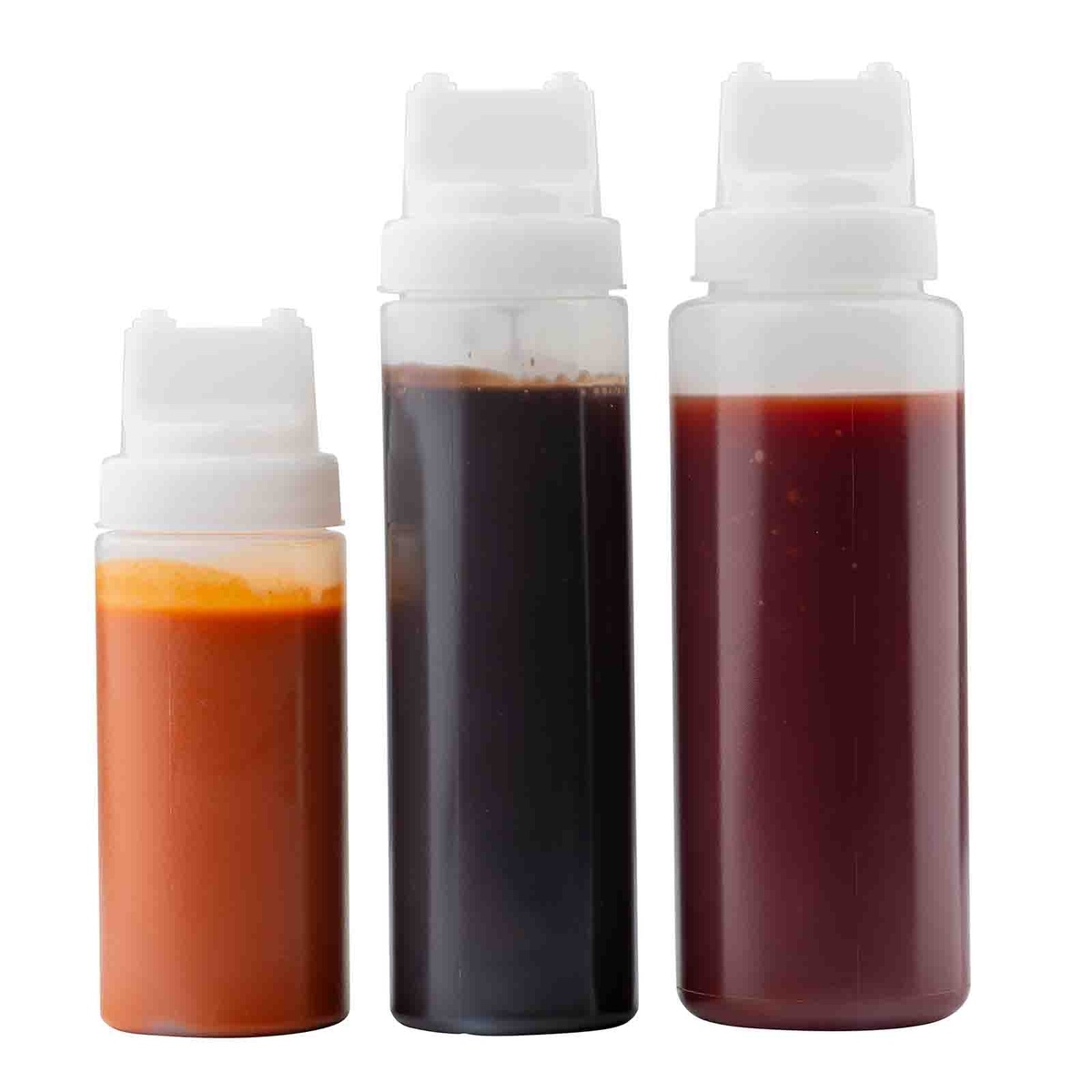 Three Widemouth Selectop squeeze bottles filled with orange, dark, and red sauces, showing clear HDPE construction on white background