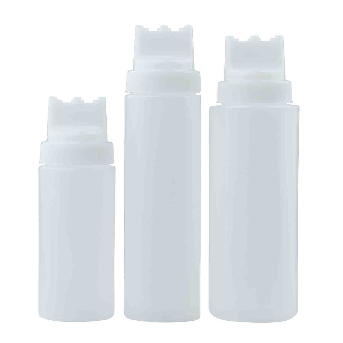 Group of three empty clear Widemouth Selectop squeeze bottles in varying sizes, showing three-tip top design on white background