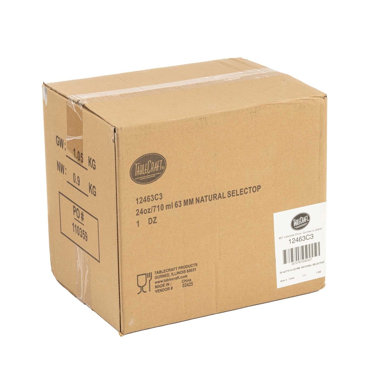 TableCraft 12463C3 master case cardboard box showing product code, 24 oz 710 mL 63 mm Natural Selectop, sold by the dozen