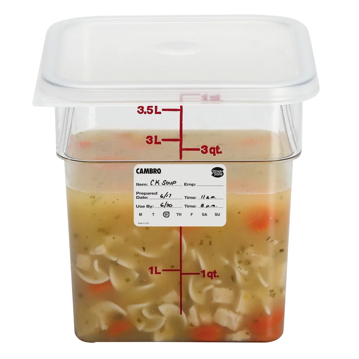 Cambro StoreSafe label applied to a clear food storage container filled with soup