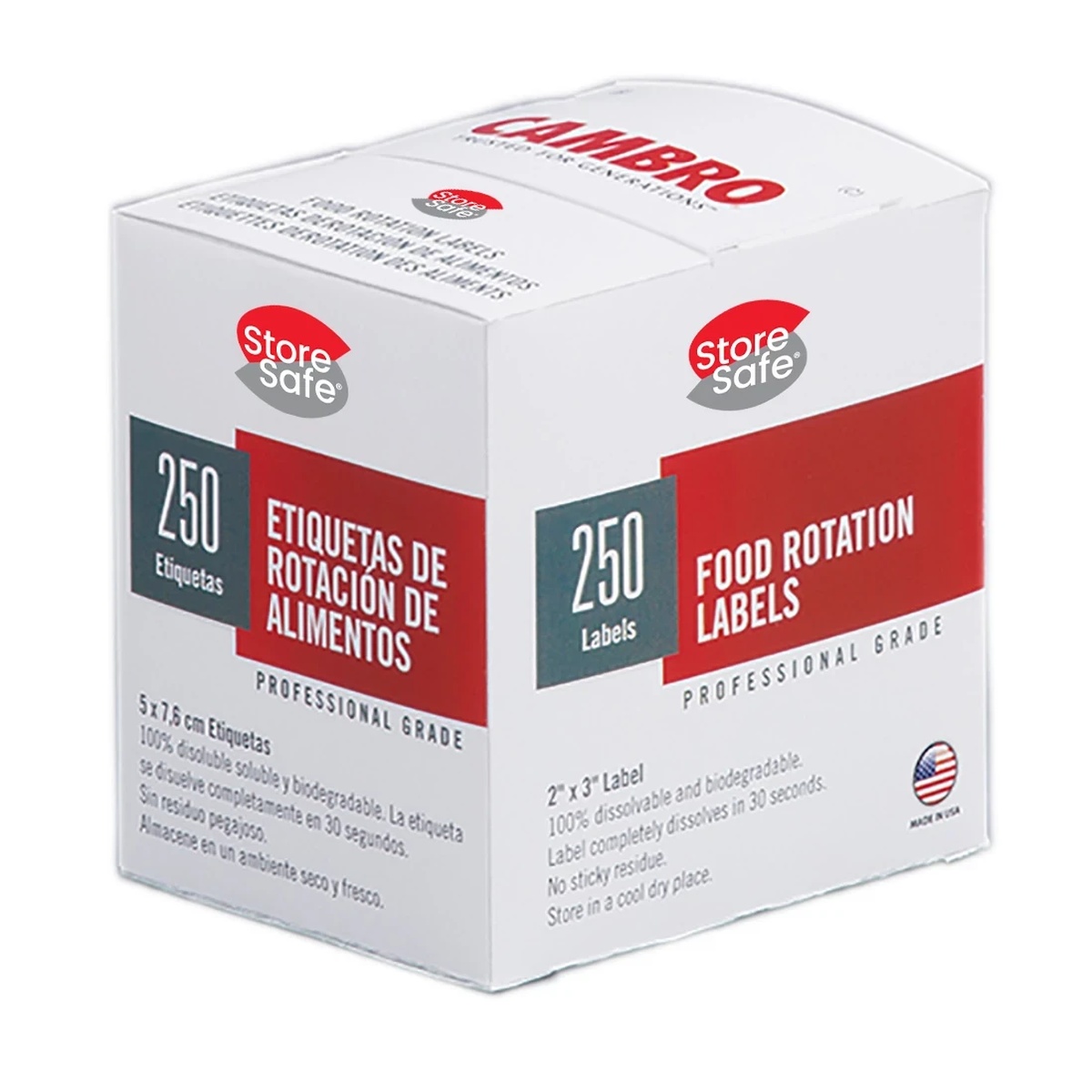 Cambro StoreSafe Food Rotation Labels box showing 250 labels, 2 inch by 3 inch size, professional grade