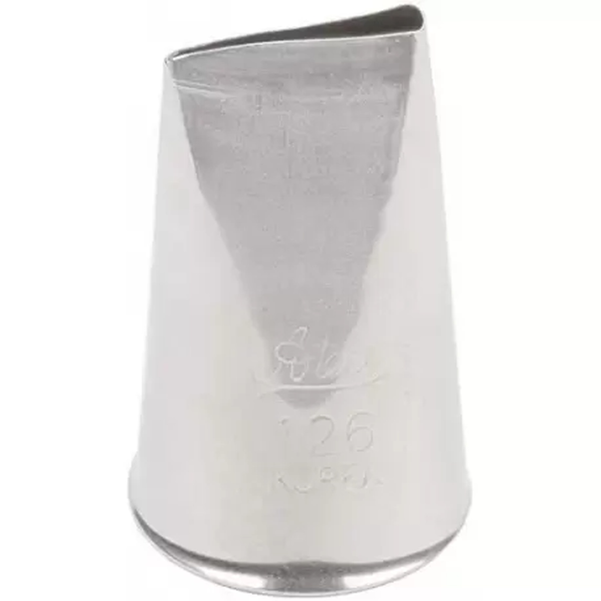 Ateco 126 pastry tip viewed from a front angle showing smooth stainless steel body and engraved branding