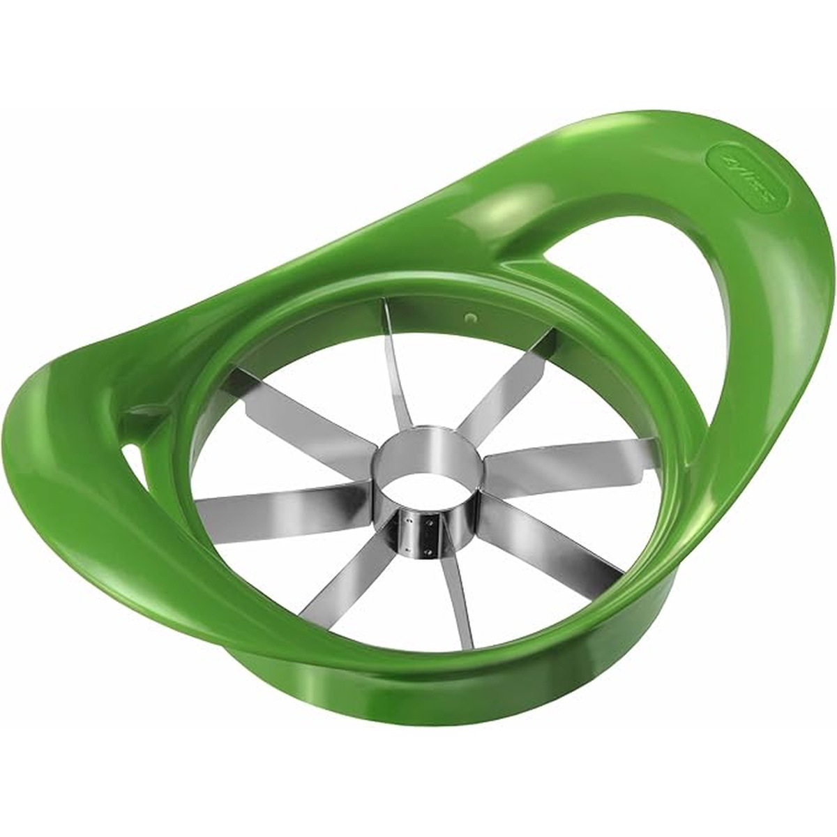 Zyliss green apple slicer with stainless steel 8-blade corer and divider, viewed from above