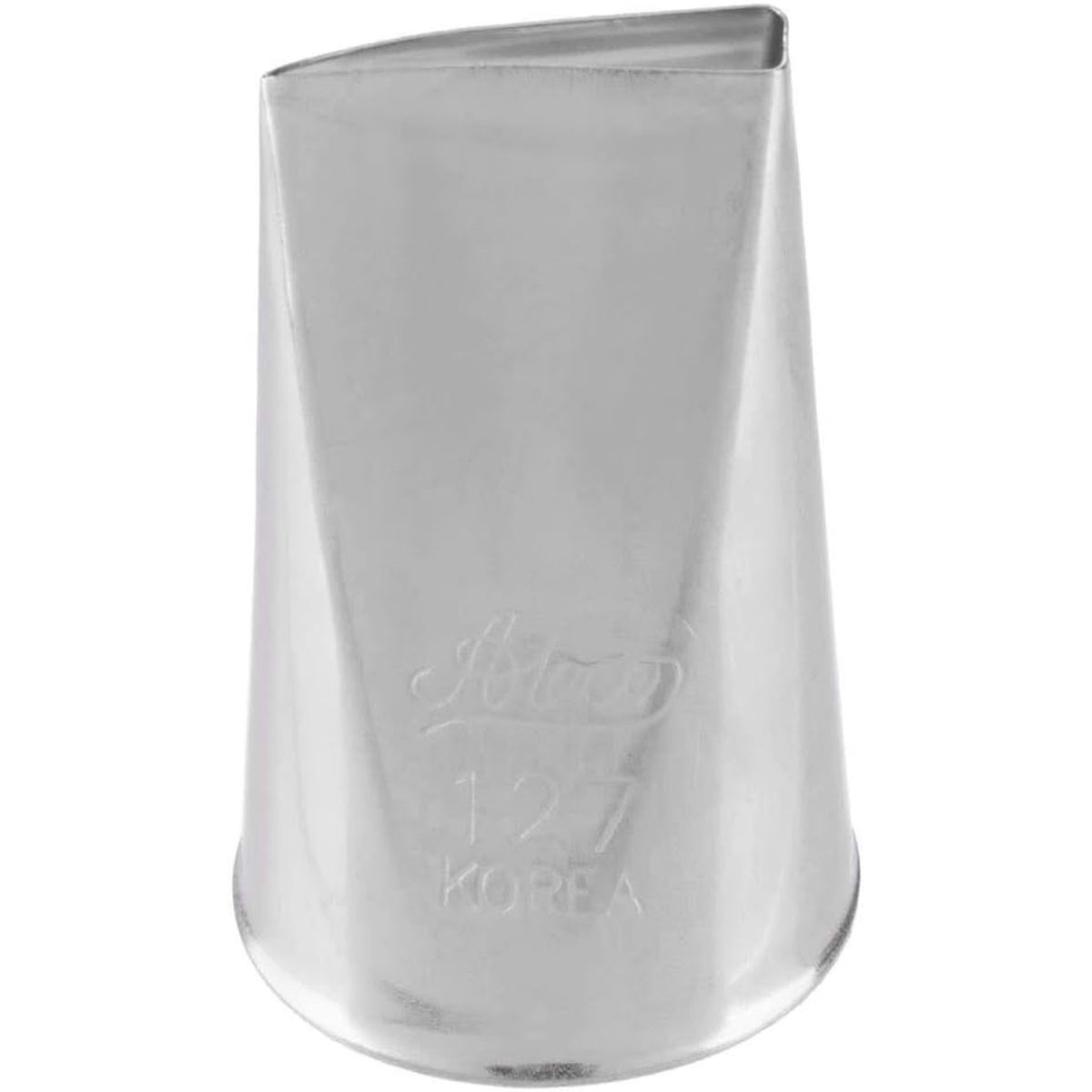 Front view of Ateco 127 stainless steel piping tip with embossed Ateco logo and number 127