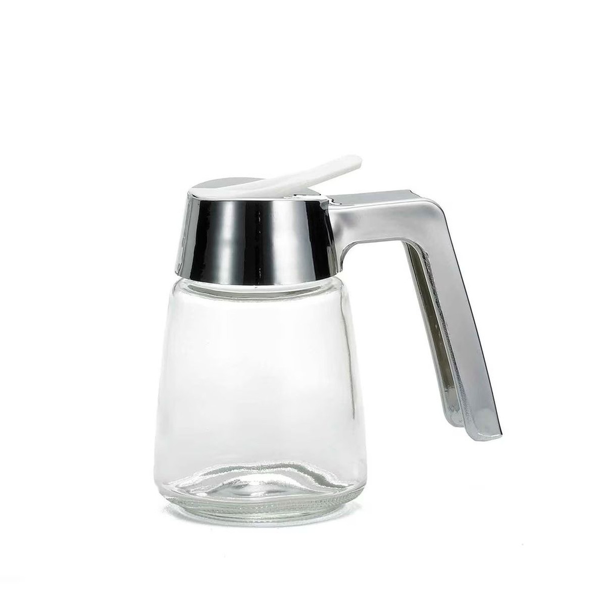 TableCraft 1270 8 oz clear glass syrup dispenser with chrome-plated ABS top and handle on white background