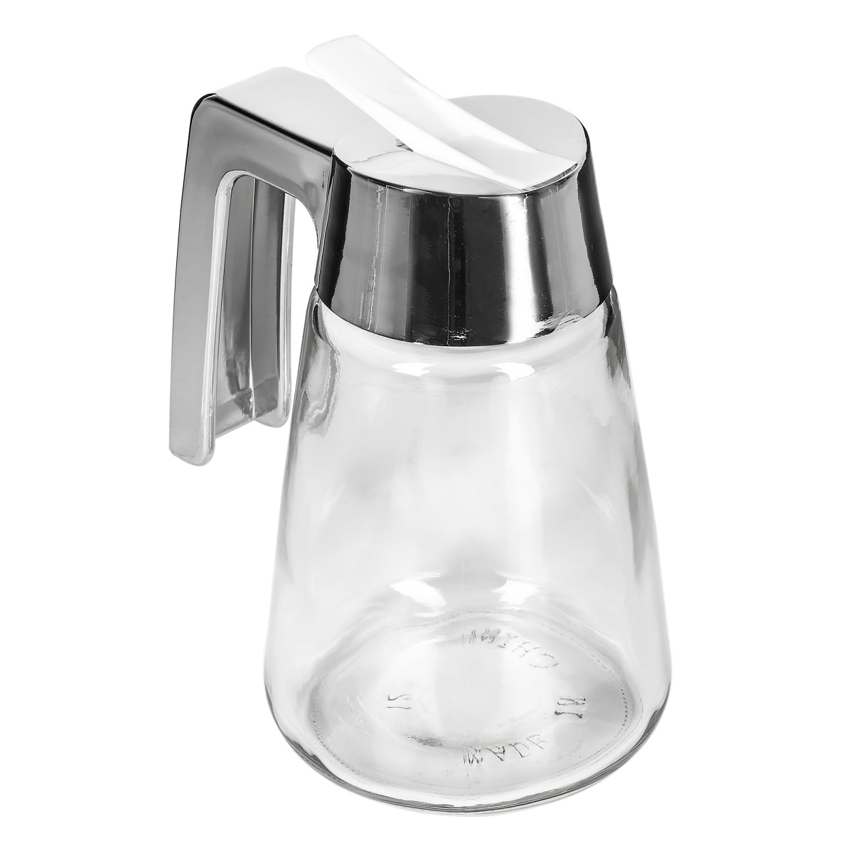 Tablecraft 1271 12 oz glass syrup dispenser with chrome-plated ABS top and silver lid, angled view showing handle