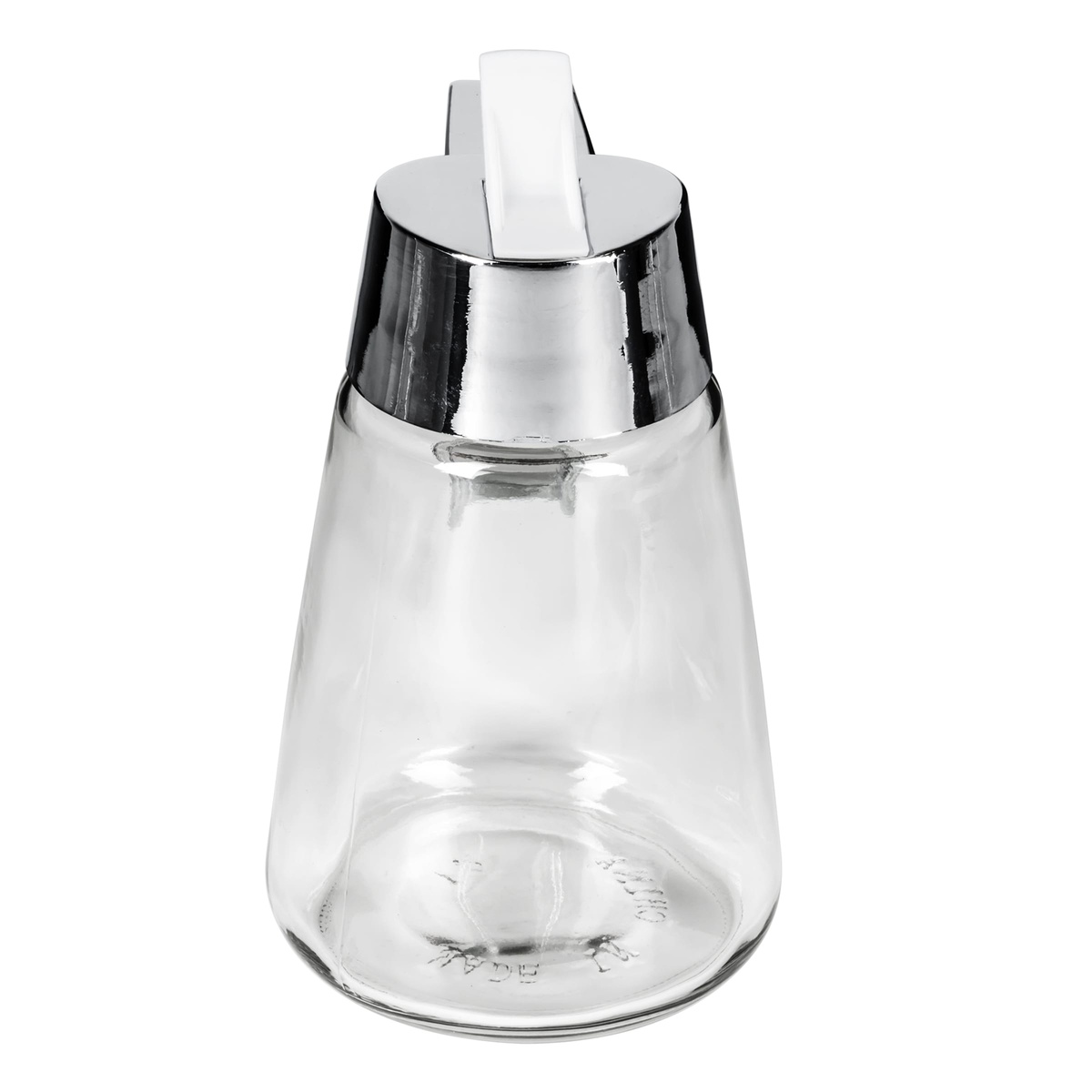 Tablecraft 1271 dispenser front-facing view without handle, showing full tapered glass body and chrome top