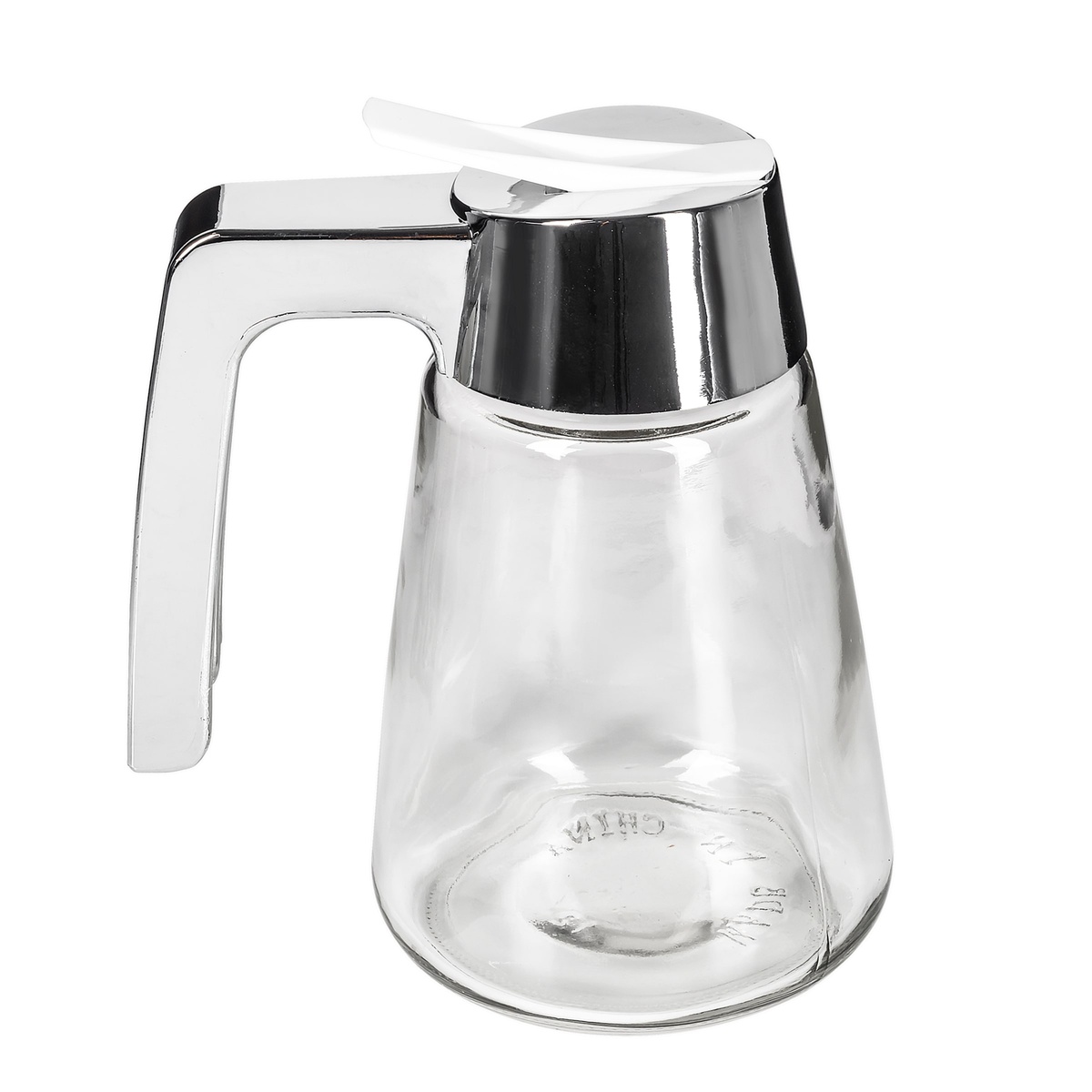 Tablecraft 1271 glass dispenser front view showing tapered clear glass body and chrome top with handle