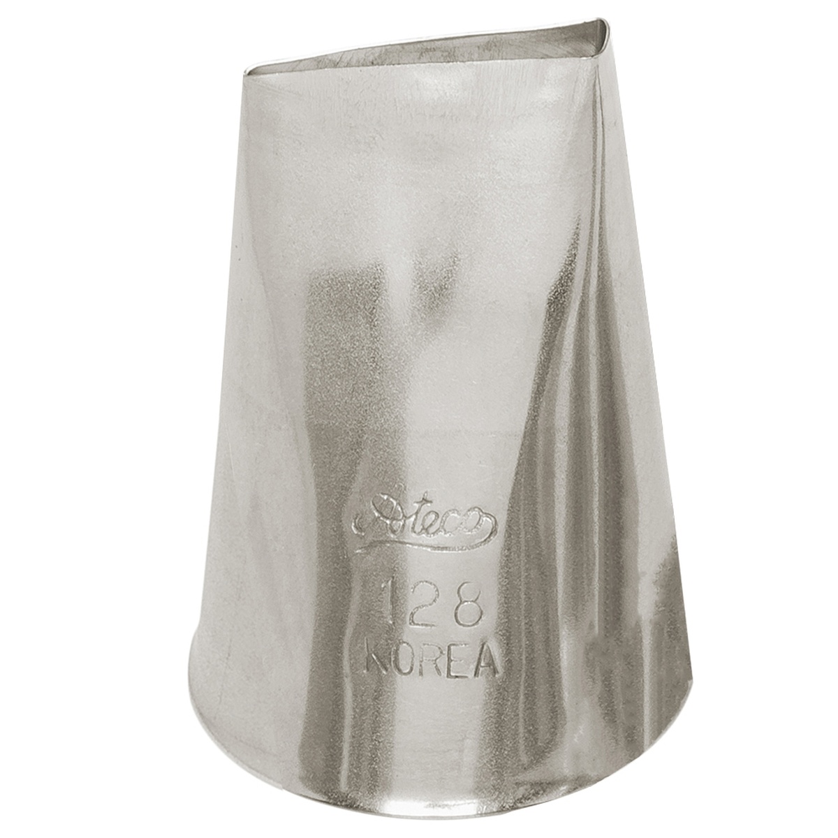 Ateco #128 stainless steel rose petal piping tip showing angled opening and embossed brand markings