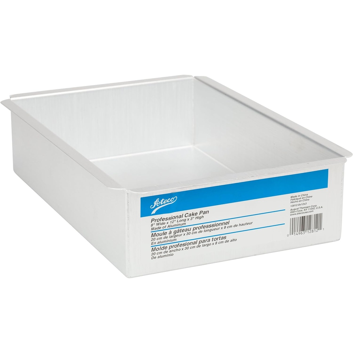 Ateco 12812 rectangular aluminum cake pan, 12 by 8 by 3 inches, with straight sides and folded top edge