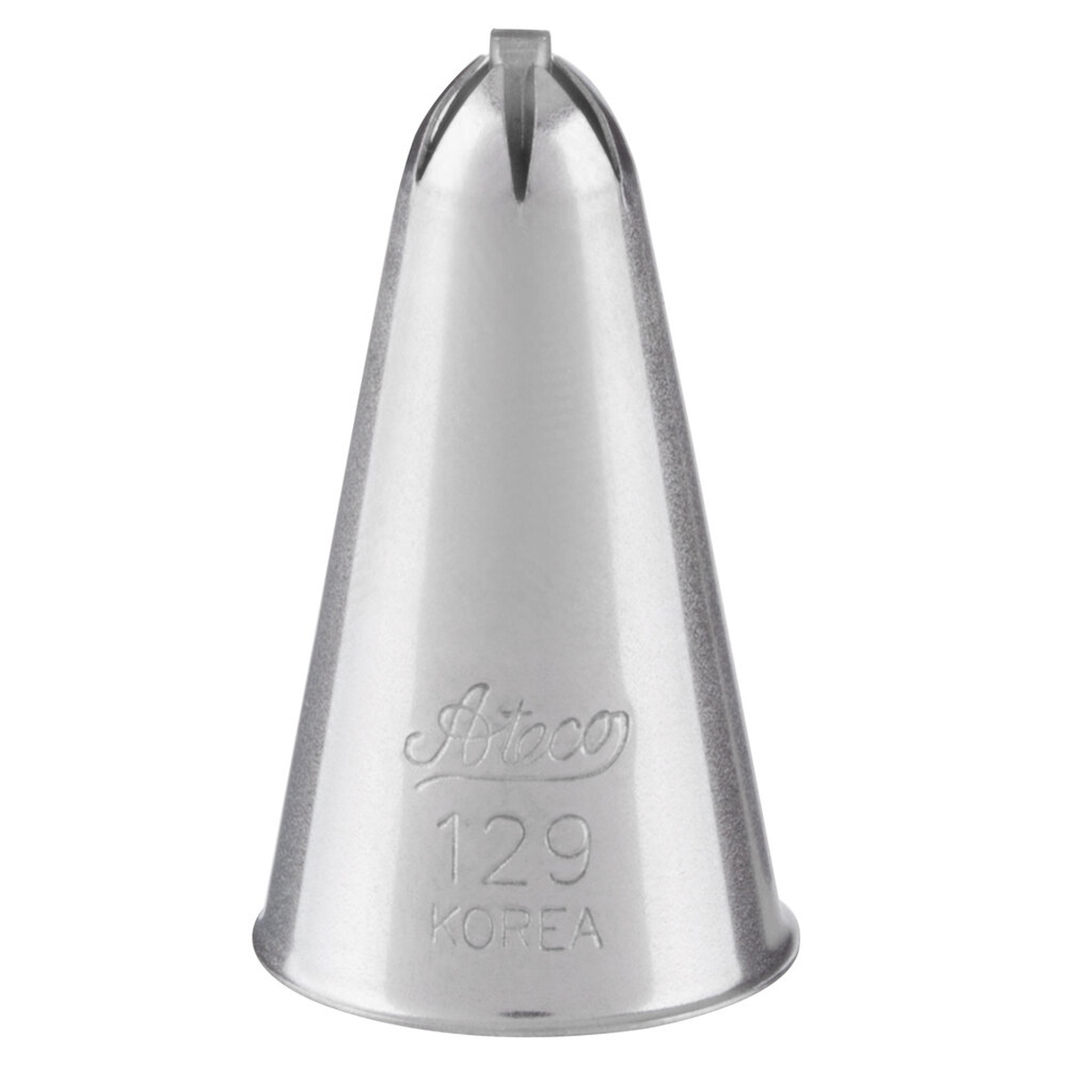 Ateco 129 stainless steel drop flower piping tip showing the tip opening and embossed branding