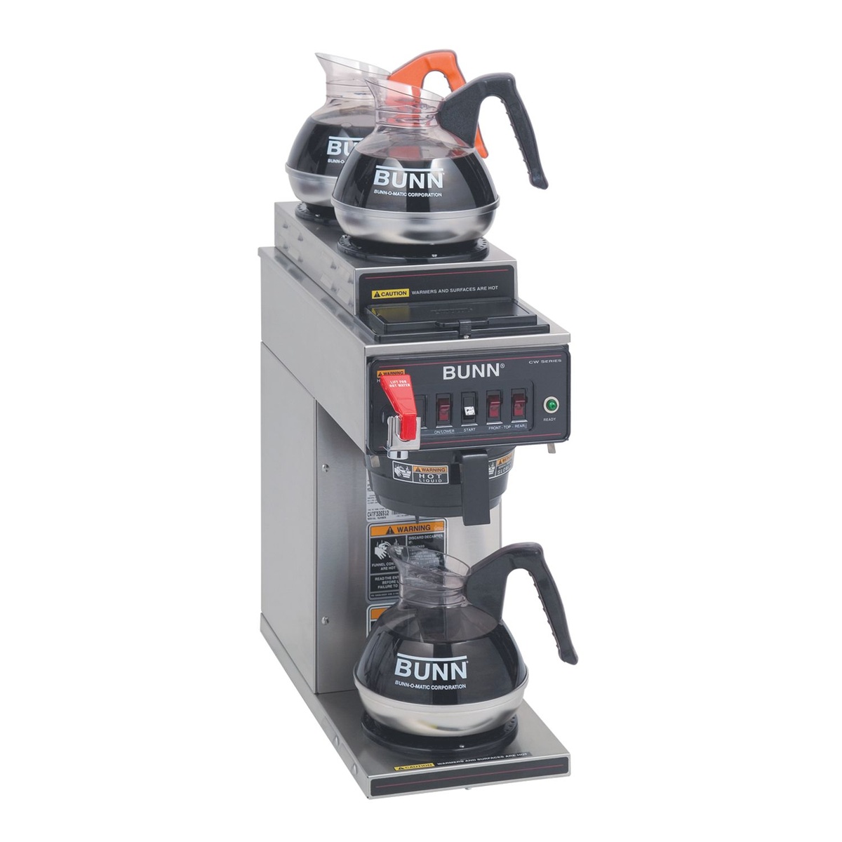 BUNN CWTF15-3 automatic coffee brewer with two upper warmers and one lower warmer, three glass decanters