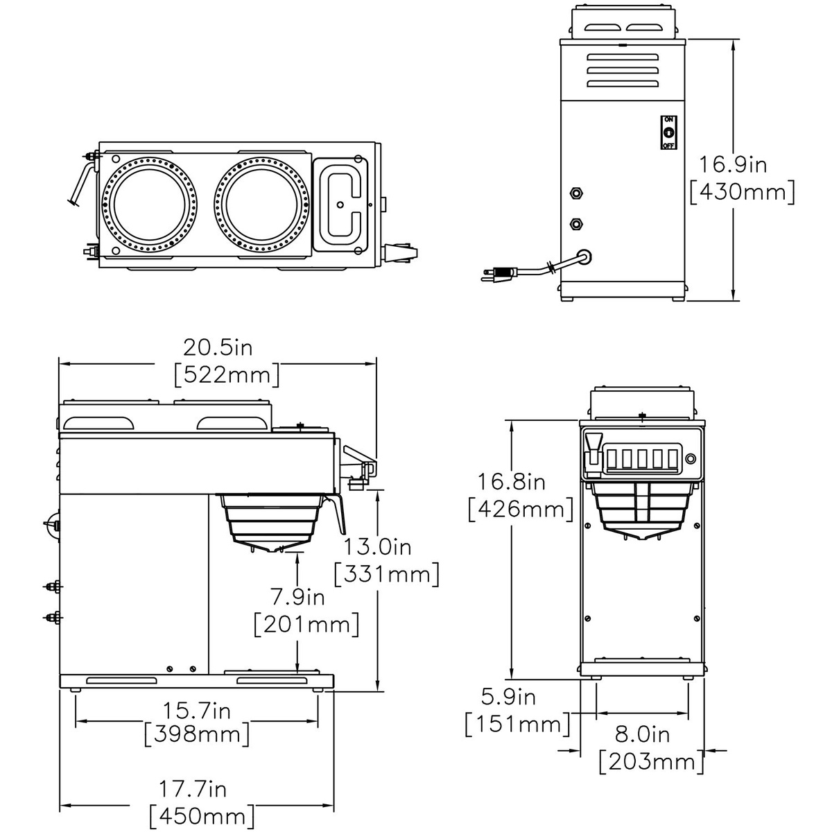 BUNN CWTF15-3 technical CAD dimension drawing showing height, width, and depth measurements