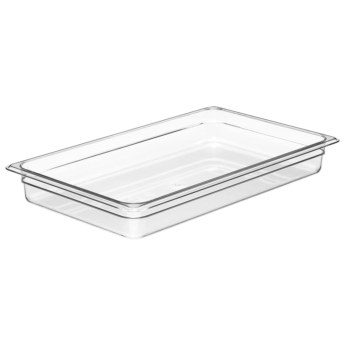 Cambro 12CW135 full size clear polycarbonate food pan, angled view showing 2-1/2 inch depth and transparent body