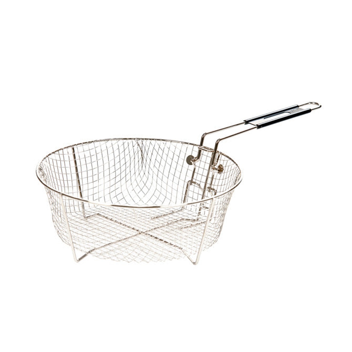 Lodge 12FB2 deep fry basket with folding black handle on white background